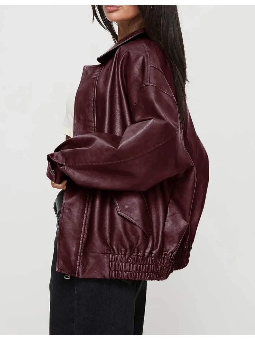 Women's Wine Red Oversized Winter Moto Biker ZIP Up Fall Faux Leather Jacket